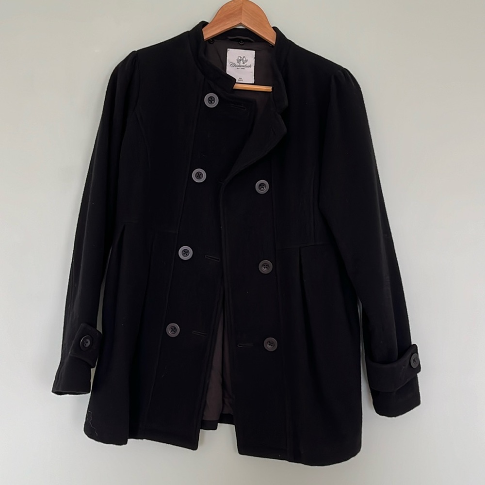Black Wool Peacoat with Detachable Faux Fur Hood